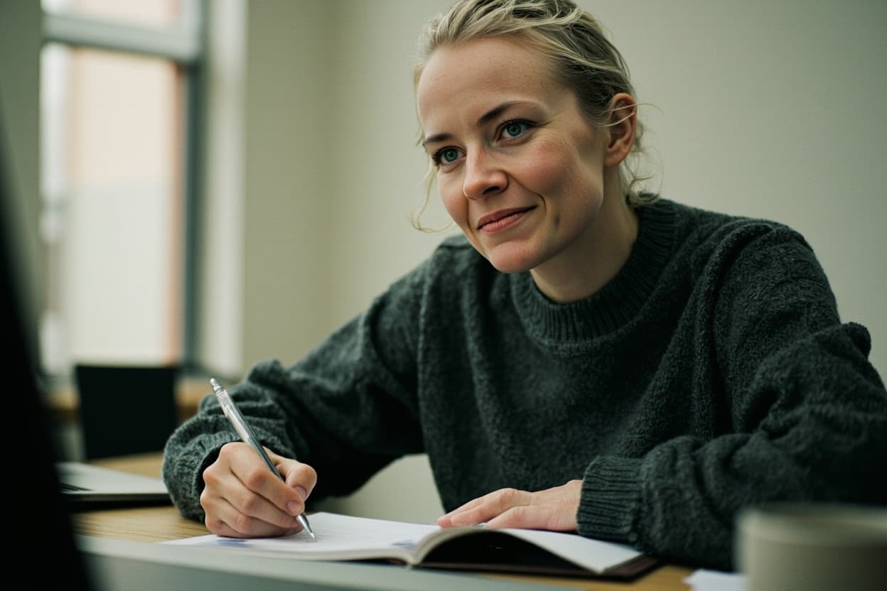 Eleanor Murray working through a training plan at a table, papers and a laptop in front of her